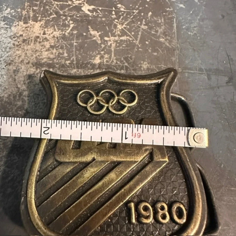VTG 1980‎ USA Olympics Belt Buckle Brass Shield Olympic Rings Moscow Boycott Era